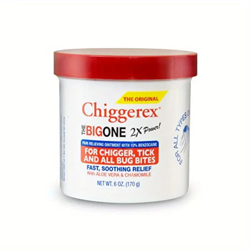 Chiggerex 2X Power Ointment - 10% Benzocaine MAX Strength | Fast Itch & Pain Relief for Chigger, Mosquito & Tick Bites | with Aloe Vera & Chamomile | 6 oz Jar